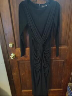 Gabrielle Union black long-sleeve draped faux wrap midi dress Medium